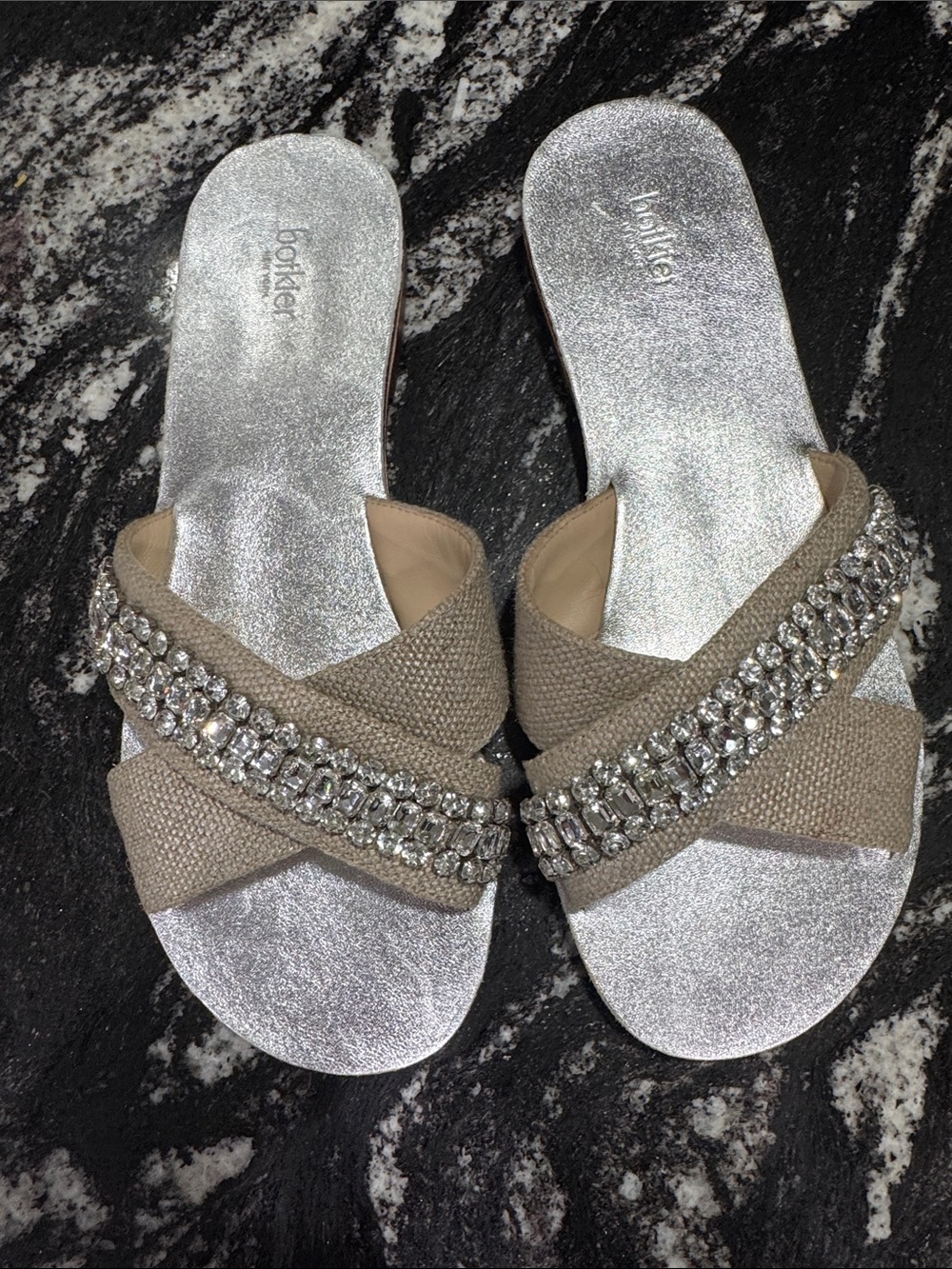 Botkier Taupe Crystal-Embellished Cross-Strap Slide Sandals